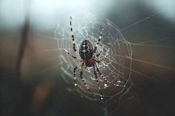 Wall Mural - Close-up of spider weaving intricate web in nature Generative AI
