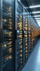 Poster - Illuminated servers line the walls of a sophisticated data center, showcasing technology and infrastructure in action during installation