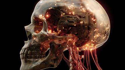 Poster - Cybernetic Skull: A captivating, artistic depiction of a human skull fused with intricate circuits and glowing energy, symbolizing the intersection of technology and humanity. 