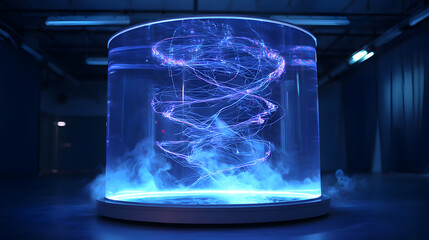 Poster - Electric Energy in Glass Cylinder: A mesmerizing display of dynamic energy swirls within a cylindrical glass container, illuminated by a cool, futuristic light.