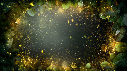 Poster - Luminous Green Leaves Frame: A captivating dark green backdrop, adorned with delicate green leaves and shimmering particles. The soft, natural illumination adds a dreamy, artistic flair.