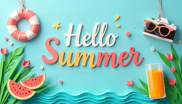 Hello summer with decoration origami hanging on the sky background. banner template Paper art and craft style created with generative ai