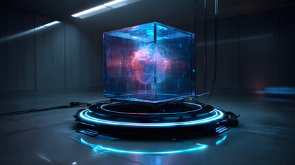 Poster - quantum heart: a futuristic display showcases a heart enclosed within a transparent cube, pulsating 