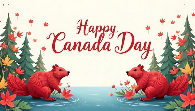 Happy Canada Day with canada day celebration card with beavers vector illustration. paper art style template banner created with generative ai
