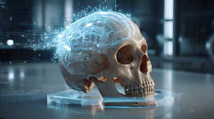 Poster - Brain Waves: A realistic rendering of a human skull, overlaid with a vibrant display of brain wave activity, symbolizing the complexities of thought.