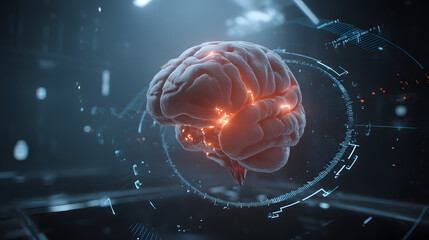 Poster - Illuminated Mind: An intricately detailed depiction of the human brain, subtly aglow with inner light, encased within a futuristic, tech-infused environment.