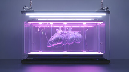 Poster - Heart in the Laboratory: An illuminated organ rests within a futuristic laboratory setting, encased in a transparent container. This artistic representation showcases the advancements of science.