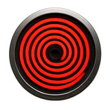 Close-up view of a circular electric stove burner radiating intense, vibrant red heat from its coiled element.