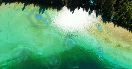 Poster - Hexagonal energy icons floating over alpine lake surface, reflecting sunlight and forest shadows