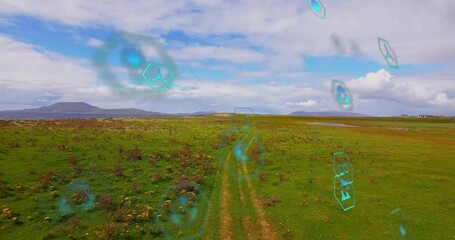 Poster - Neon-green hexagonal environmental icons floating over green meadow, showing eco energy icons in 3D