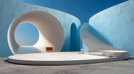 Poster - Minimalistic futuristic architecture with a circular tunnel, blue textured walls, white staircase, and serene water reflection under a clear sky