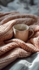 Poster - Snuggled in a soft knit blanket, a warm cup of brew releases steam, inviting relaxation on a crisp afternoon, perfect for unwinding and enjoying cozy moments at home