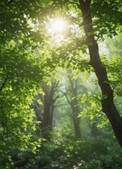 Wall Mural - Vibrant green spring foliage, sunlight dappling through leaves,  texture,  soil