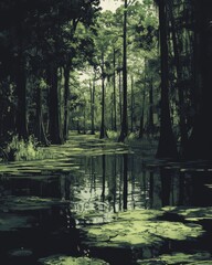 Poster - Mystical wetland landscape with water reflections and foliage under a dramatic sky and forest background
