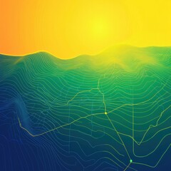 Aufkleber - Artistic Topographic Map Displaying Gradient Colors with Digital Line Art Route Planning Visualization