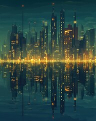 Poster - Futuristic city skyline reflection on tranquil water illuminated with artificial lights at twilight