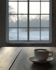 Aufkleber - Inviting Morning Coffee Cup on Wooden Table Winter Landscape View through Window Still Life