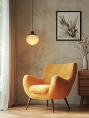 Poster - Cozy Amber Armchair Scene in Ambient Lighting Featuring Modern Decor and Textured Background