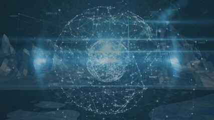 Poster - Central wireframe data sphere pulsing in dark low-poly virtual space, showing nodes and numbers