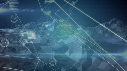 Aufkleber - 3D low-poly mesh terrain shifting under glowing network lines, bar charts, circular HUD elements