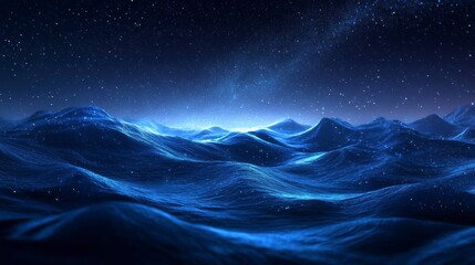 Wall Mural - starry night over a glowing, blue, alien landscape with rolling hills.