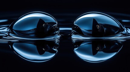 Poster - Captivating liquid spheres on a dark glossy surface showcasing smooth reflections and abstract futuristic forms enhanced by deep colors