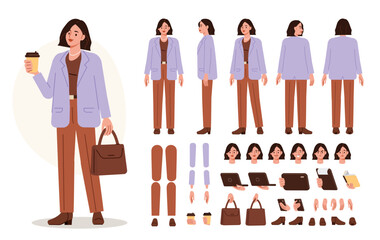 Wall Mural - casual business woman holding coffee cup and bag. character constructor for animation. front, side a