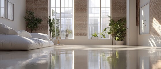 Aufkleber - Serene and Stylish Loft Apartment Interior with Exposed Brick Walls Large Windows and Comfortable Modern Sofa