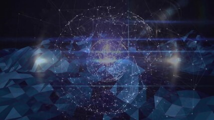 Poster - Digital wireframe network globe hovering above low poly surface emitting horizontal light streaks
