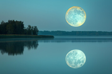 tranquil lake setting with stunning moon reflection creates a peaceful and picturesque scene, evokin