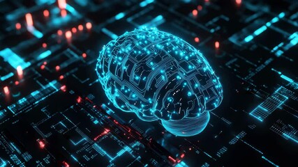 Poster - A glowing digital brain made of circuits floats above a futuristic microchip surface with blue and orange lights.