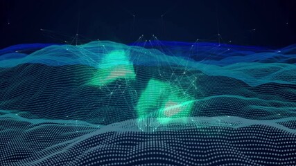 Poster - Undulating 3D wave mesh glowing with data nodes and fine lines flowing across digital topology