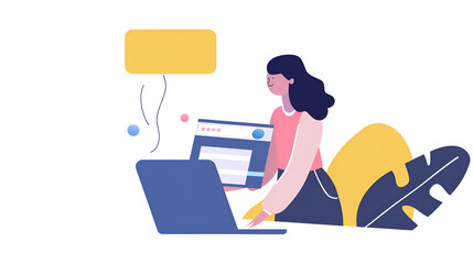 Woman with laptop and website design element in a flat illustration style on a white background