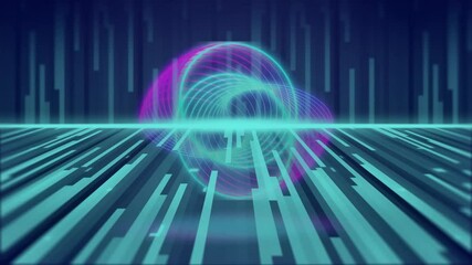 Poster - glowing turquoise semi-circles rising above horizon, with vertical bars pulsing in data field