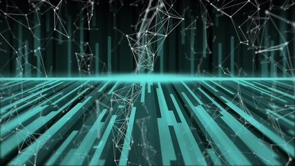 Poster - 3D render showing turquoise bars rising on grid floor, white nodes floating connecting teal panels