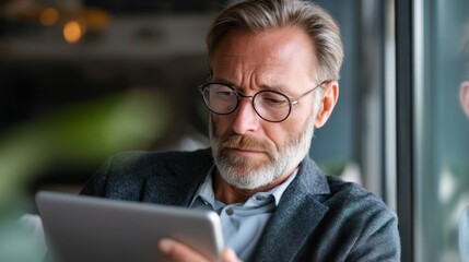 Aufkleber - A businessman with a stylish beard and glasses focuses intently on his tablet, seated near a window in a contemporary office space. Natural light enhances the ambiance as he works