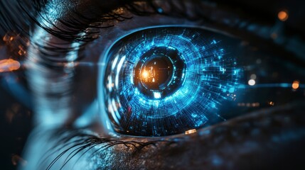Poster - Close-up of a human eye with futuristic digital interface glowing inside the pupil.
