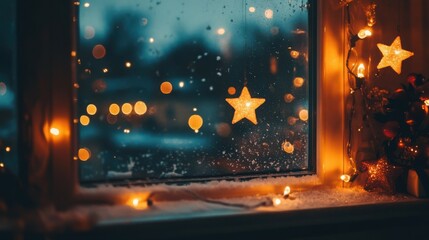 Poster - Dreamy Christmas night atmosphere with glowing lights, a star-filled sky, rich textures, and snow softly dusting a windowsill