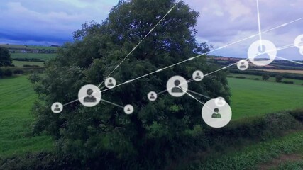 Poster - central green tree being overlaid in rural field, with translucent network nodes and linking lines