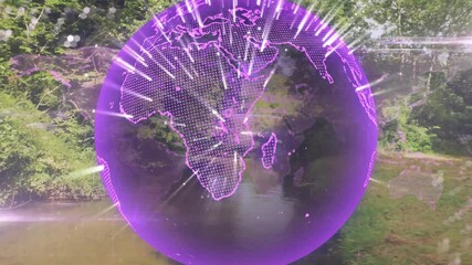 Poster - Digital globe hologram floating over woodland stream, emitting purple light beams around continents
