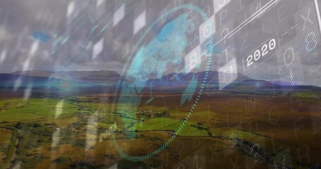 Poster - 3D-render globe overlaying aerial farm landscape, showing streaming code panels and 2014 date label