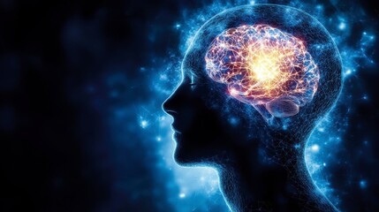 Poster - Glowing human head profile with a visible, active brain.
