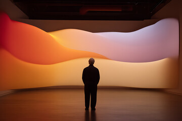 Aufkleber - Person contemplates colorful abstract art installation with a gradient of orange, peach, and lavender hues in a minimalist gallery setting.
