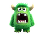 Fuzzy, green cartoon monster with horns, big eyes, and an open mouth showing sharp teeth