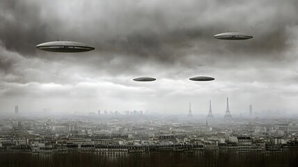Poster - Urban surveillance drones monitoring compliance over paris aerial view futuristic environment
