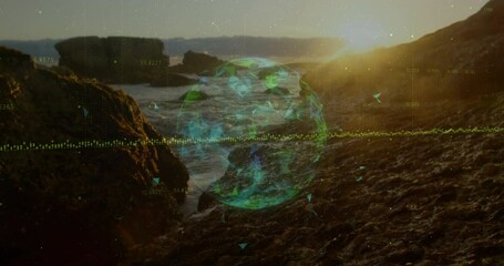 Poster - Holographic globe hovering over rocky shore at sunset showing floating data points and dotted lines