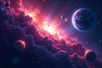 colorful nebula and galaxy in outer space with glowing planets, universe, science, stars