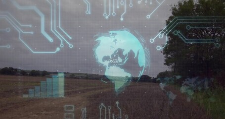 Poster - Holographic Earth globe glowing above plowed field, displaying bar chart and circuit traces