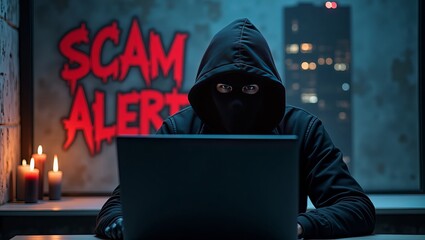 Poster - A masked figure in a dark hoodie types on a laptop, illuminated by candlelight against a 'SCAM ALERT' backdrop.