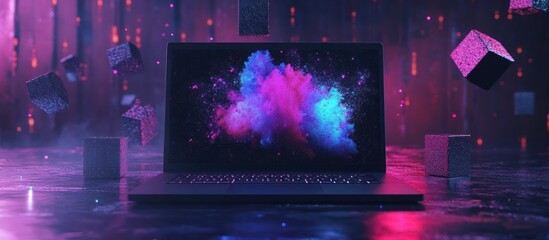 Poster - Futuristic laptop displaying vibrant color explosion amidst floating cubes.